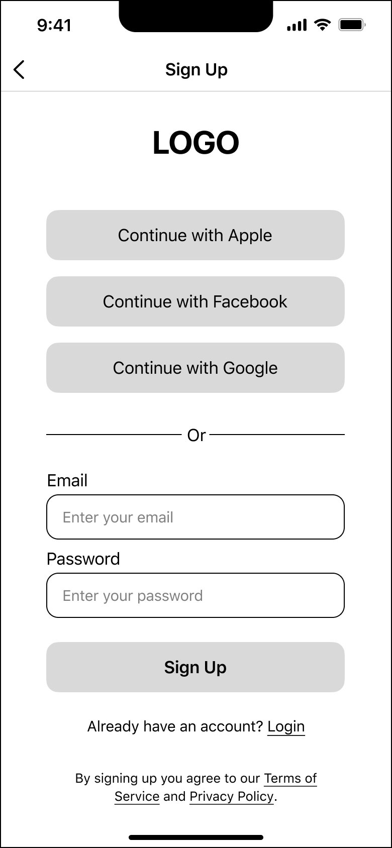 Low-Fidelity Wireframes of the Sign Up Screen