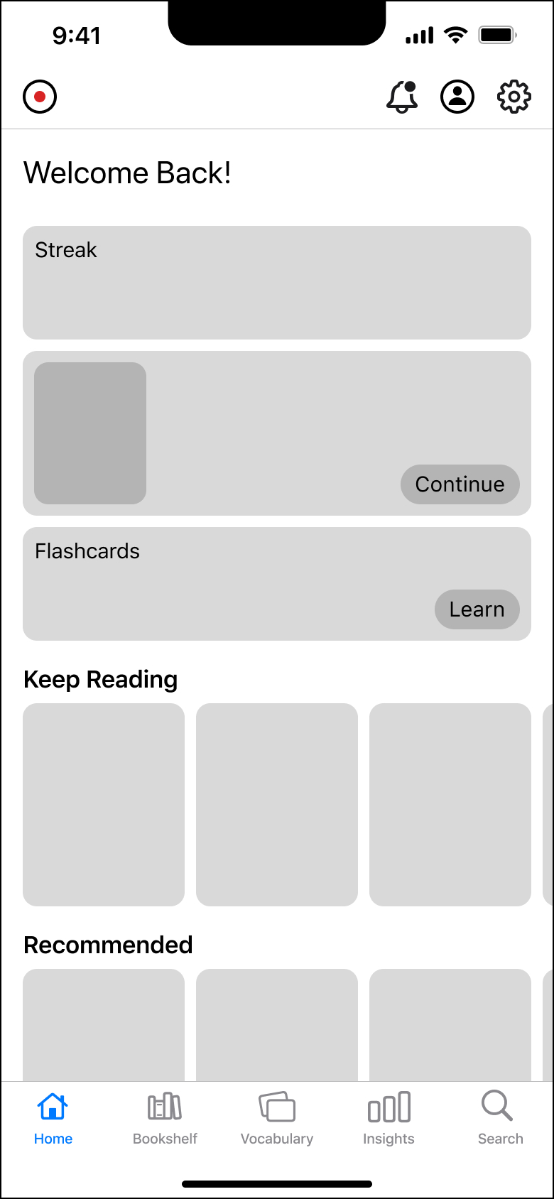 Low-Fidelity Wireframes of the Home Screen