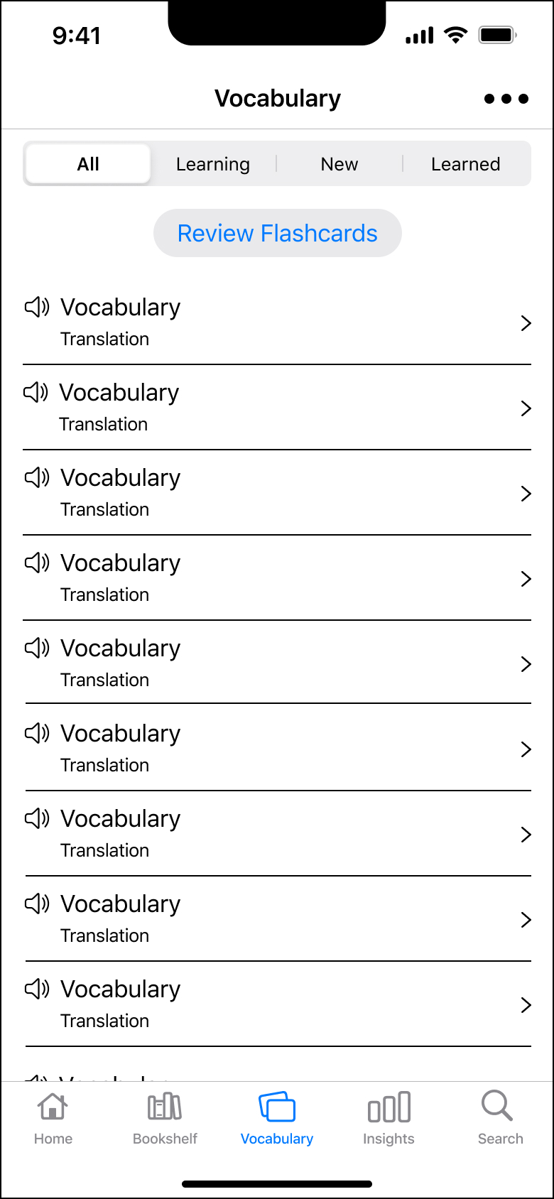 Low-Fidelity Wireframes of the Vocabulary Overview Screen